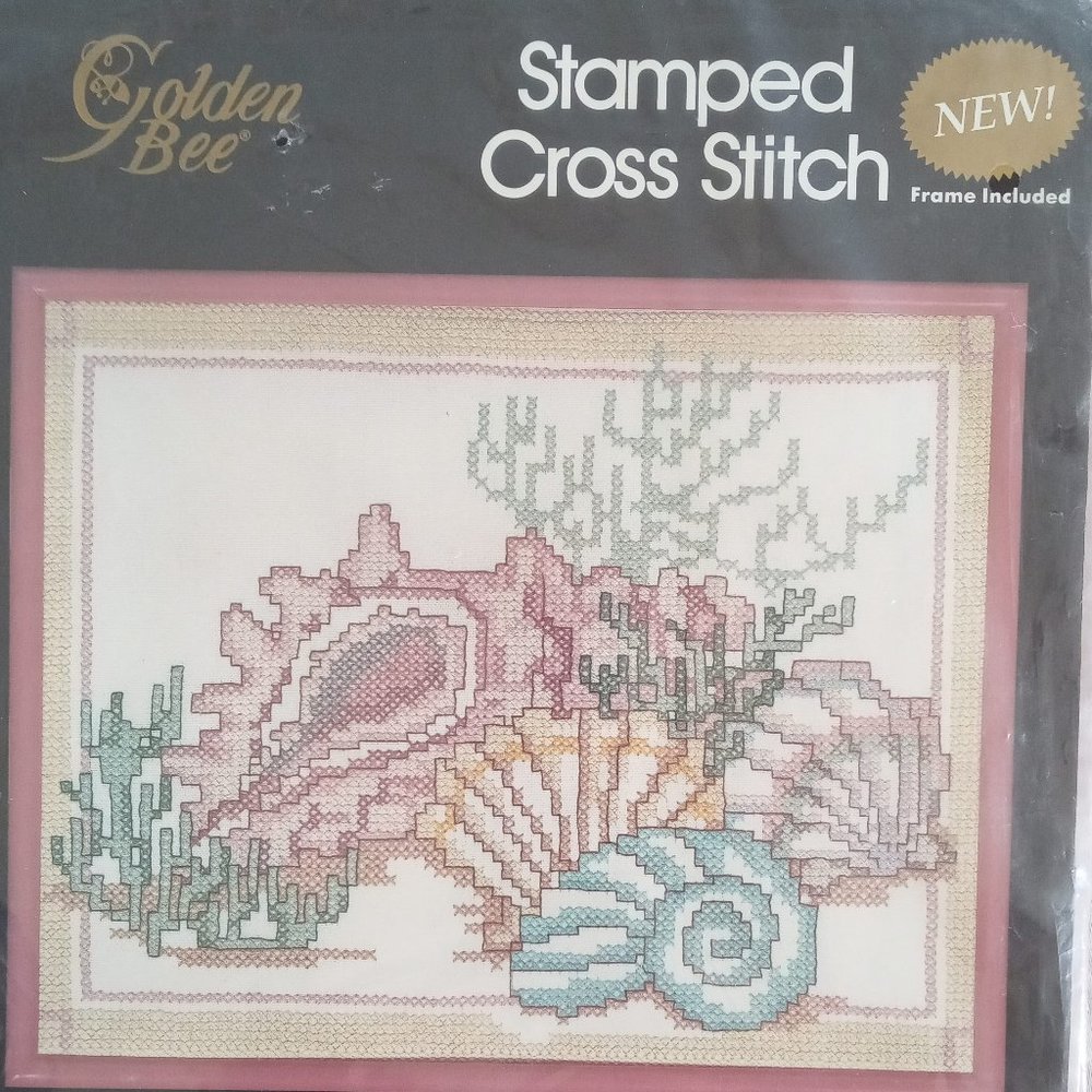 Golden Bee "Shell" Stamped Cross Stitch with Frame 20389 Vintage